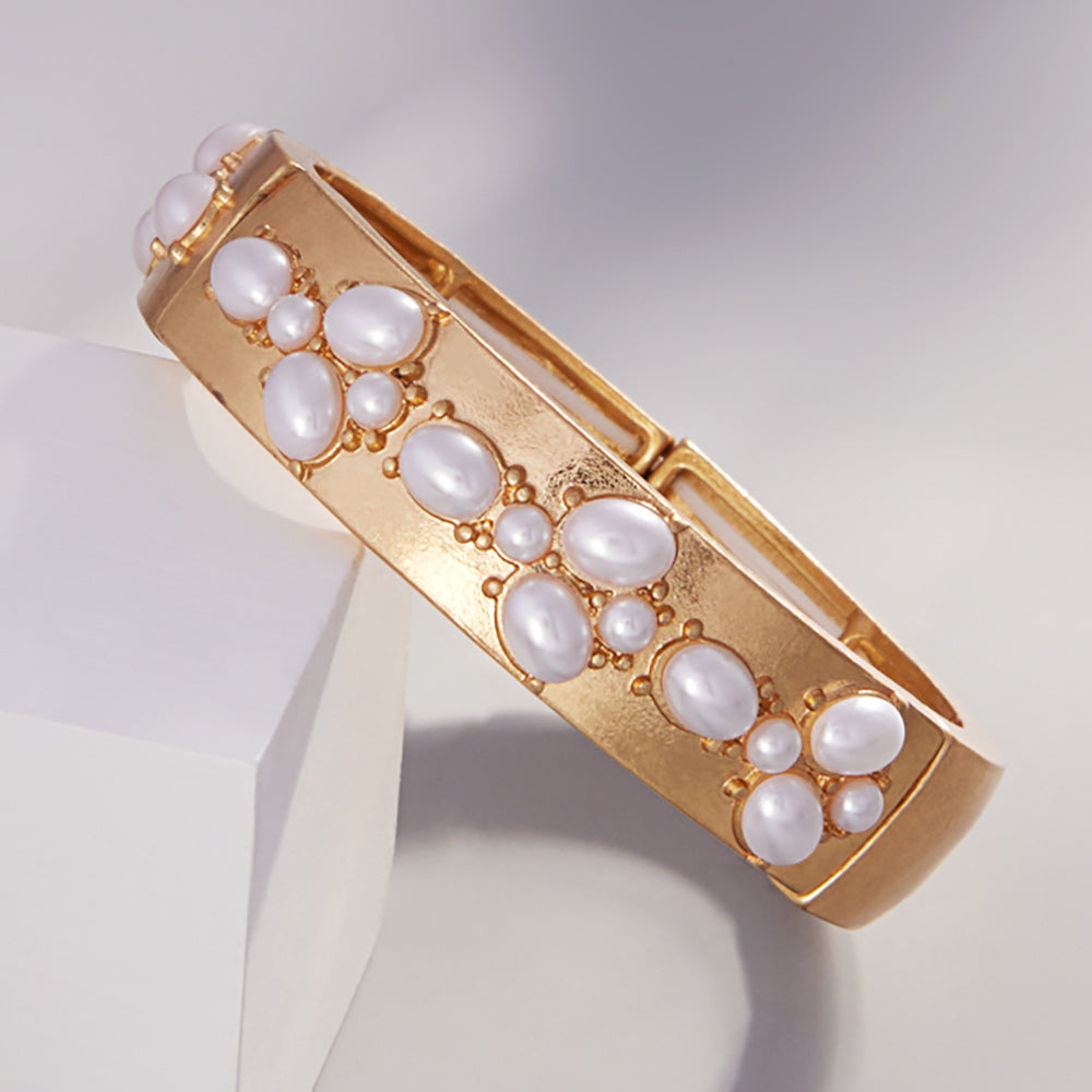 Madeline Love Worn Gold Oval Pearl Pointed Brushed Metal Stretch Bangle Bracelet - Bracelets