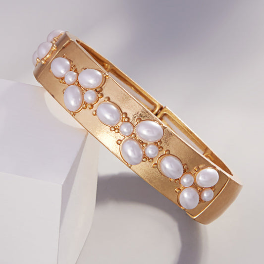 Madeline Love Worn Gold Oval Pearl Pointed Brushed Metal Stretch Bangle Bracelet - Bracelets