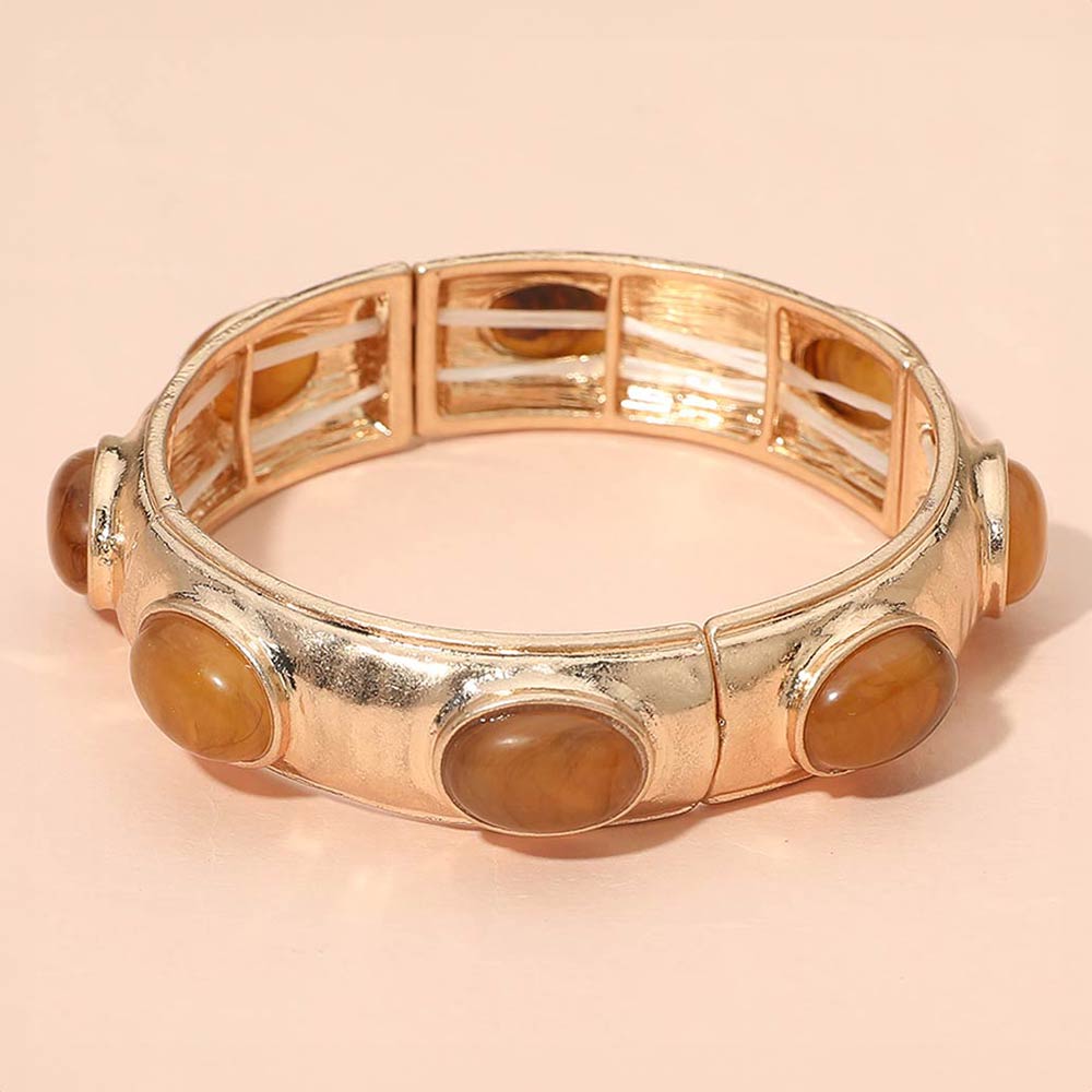 Madeline Love Brown Marbled Oval Stone Accent Hammered Metal Beaded Stretch Bracelet - Bracelets
