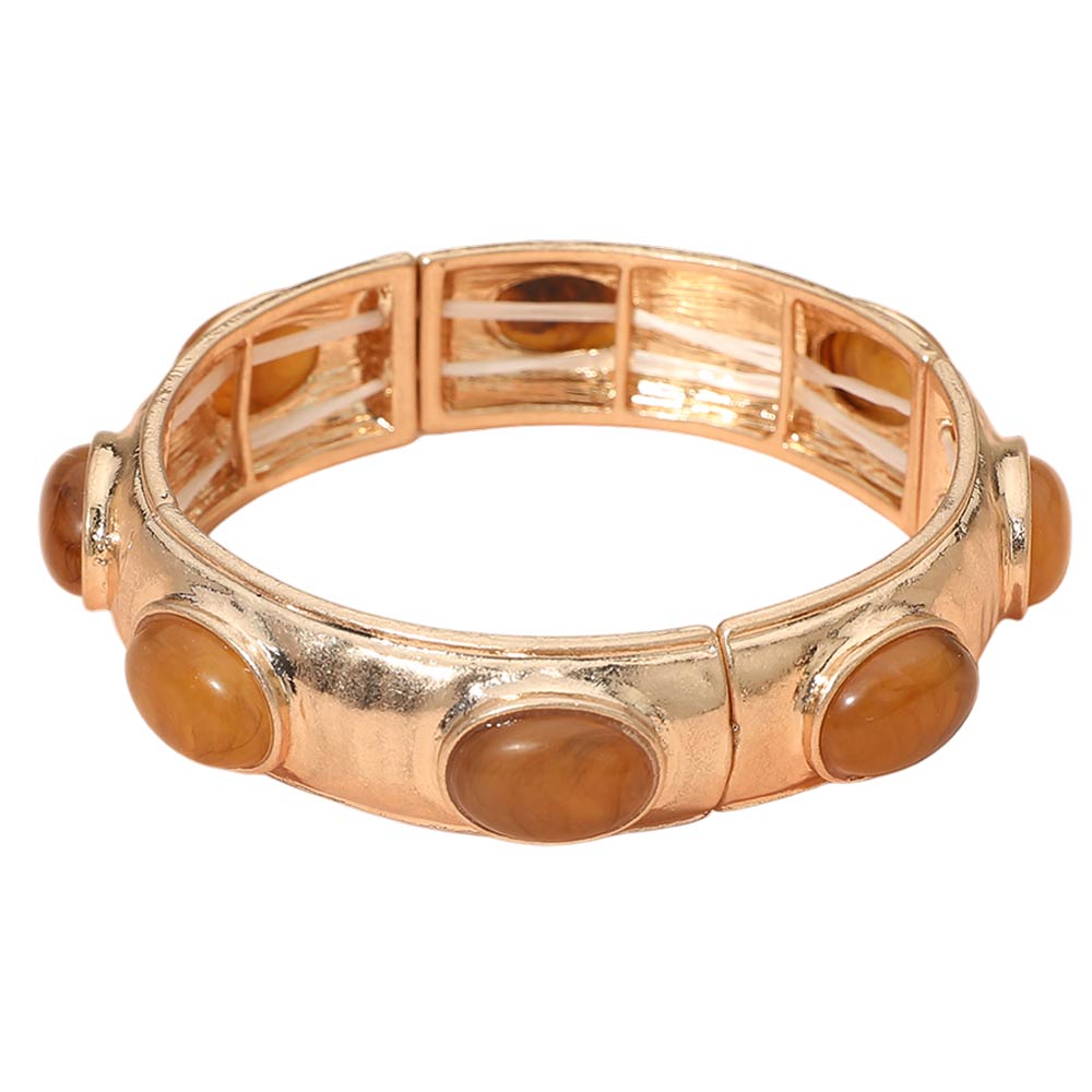 Madeline Love Brown Marbled Oval Stone Accent Hammered Metal Beaded Stretch Bracelet - Bracelets - desc