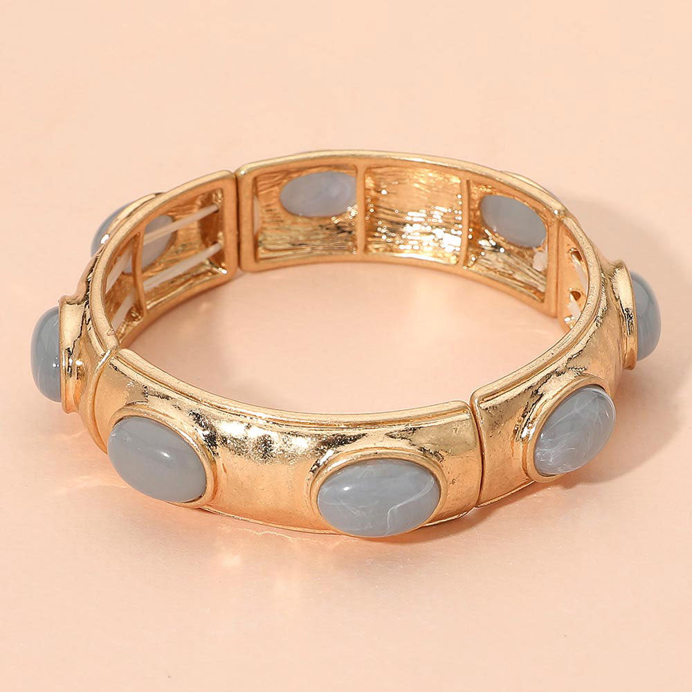 Madeline Love Light Blue Marbled Oval Stone Accent Hammered Metal Beaded Stretch Bracelet - Bracelets