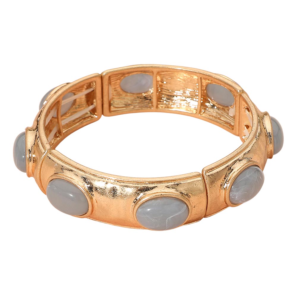 Madeline Love Light Blue Marbled Oval Stone Accent Hammered Metal Beaded Stretch Bracelet - Bracelets - desc