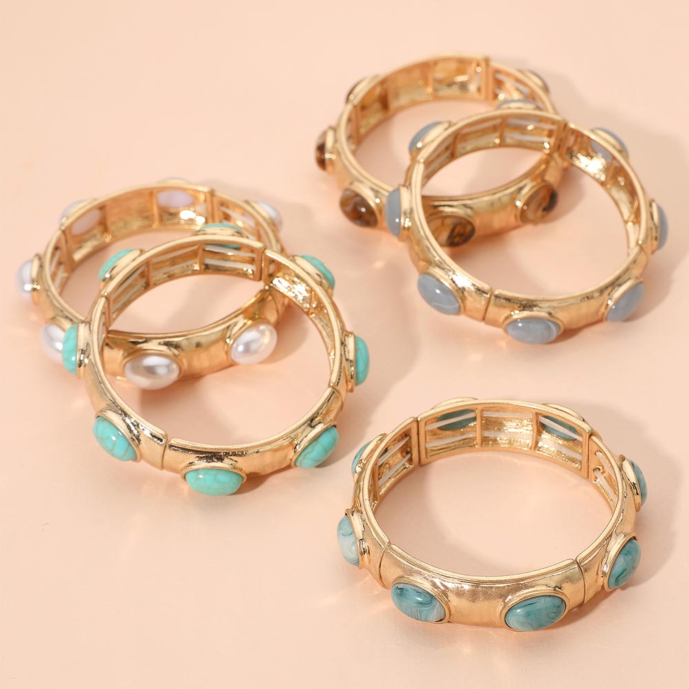 Madeline Love Light Blue Marbled Oval Stone Accent Hammered Metal Beaded Stretch Bracelet - Bracelets - extra