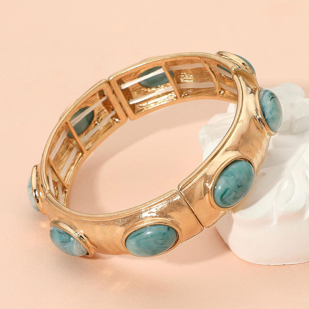 Madeline Love Green, Light Marbled Oval Stone Accent Hammered Metal Beaded Stretch Bracelet - Bracelets