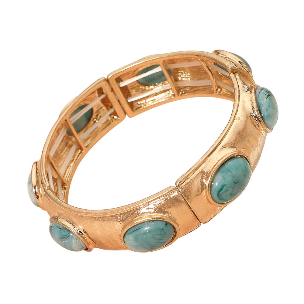Madeline Love Green, Light Marbled Oval Stone Accent Hammered Metal Beaded Stretch Bracelet - Bracelets - desc