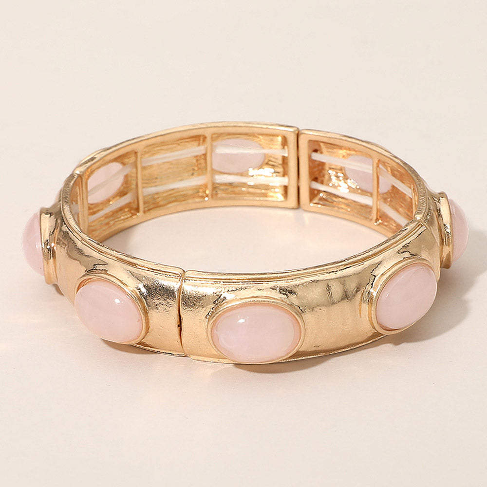 Madeline Love Pink Marbled Oval Stone Accent Hammered Metal Beaded Stretch Bracelet - Bracelets