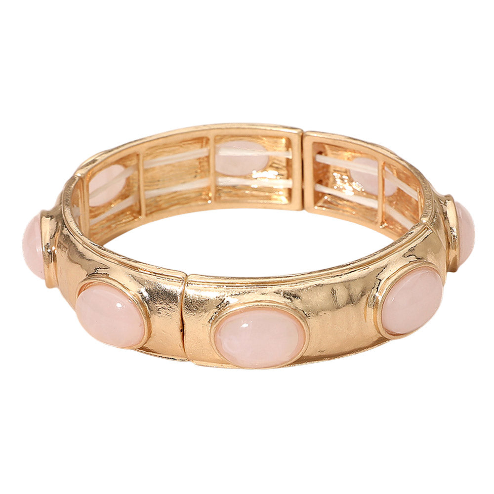 Madeline Love Pink Marbled Oval Stone Accent Hammered Metal Beaded Stretch Bracelet - Bracelets - desc