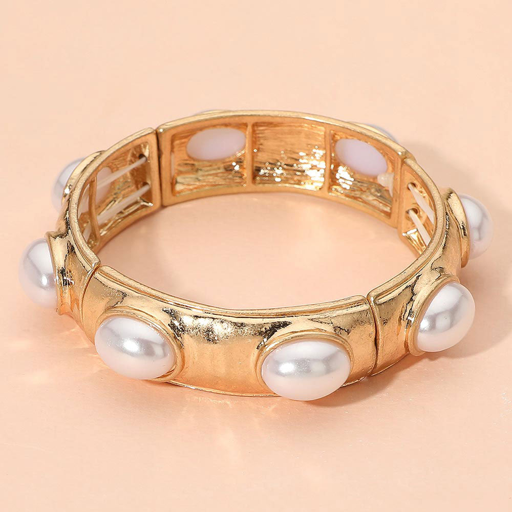 Madeline Love Cream Marbled Oval Pearl Stone Accent Hammered Metal Beaded Stretch Bracelet