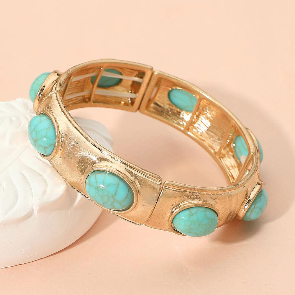 Madeline Love Turquoise Marbled Oval Stone Accent Hammered Metal Beaded Stretch Bracelet - Bracelets