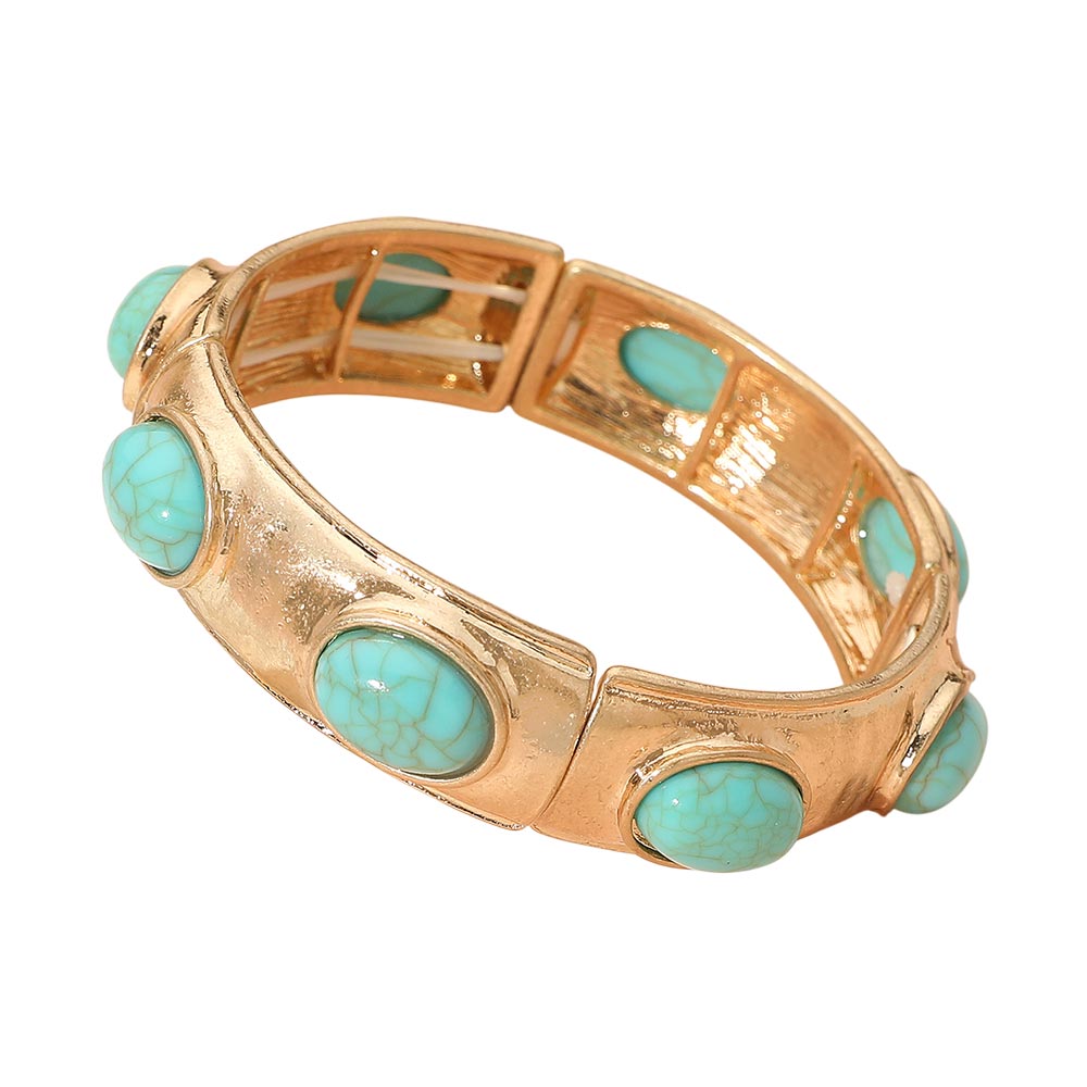 Madeline Love Turquoise Marbled Oval Stone Accent Hammered Metal Beaded Stretch Bracelet - Bracelets - desc