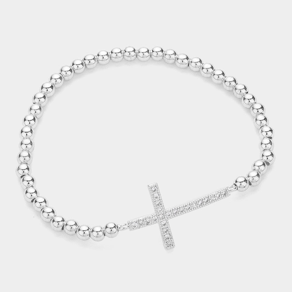 Madeline Love Silver Stainless Steel Stone Paved Cross Pendant Pointed Stretch Bracelet - Bracelets