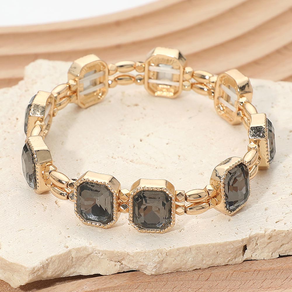 Madeline Love Black Diamond Emerald Cut Stone Cluster Beaded Stretch Bracelet