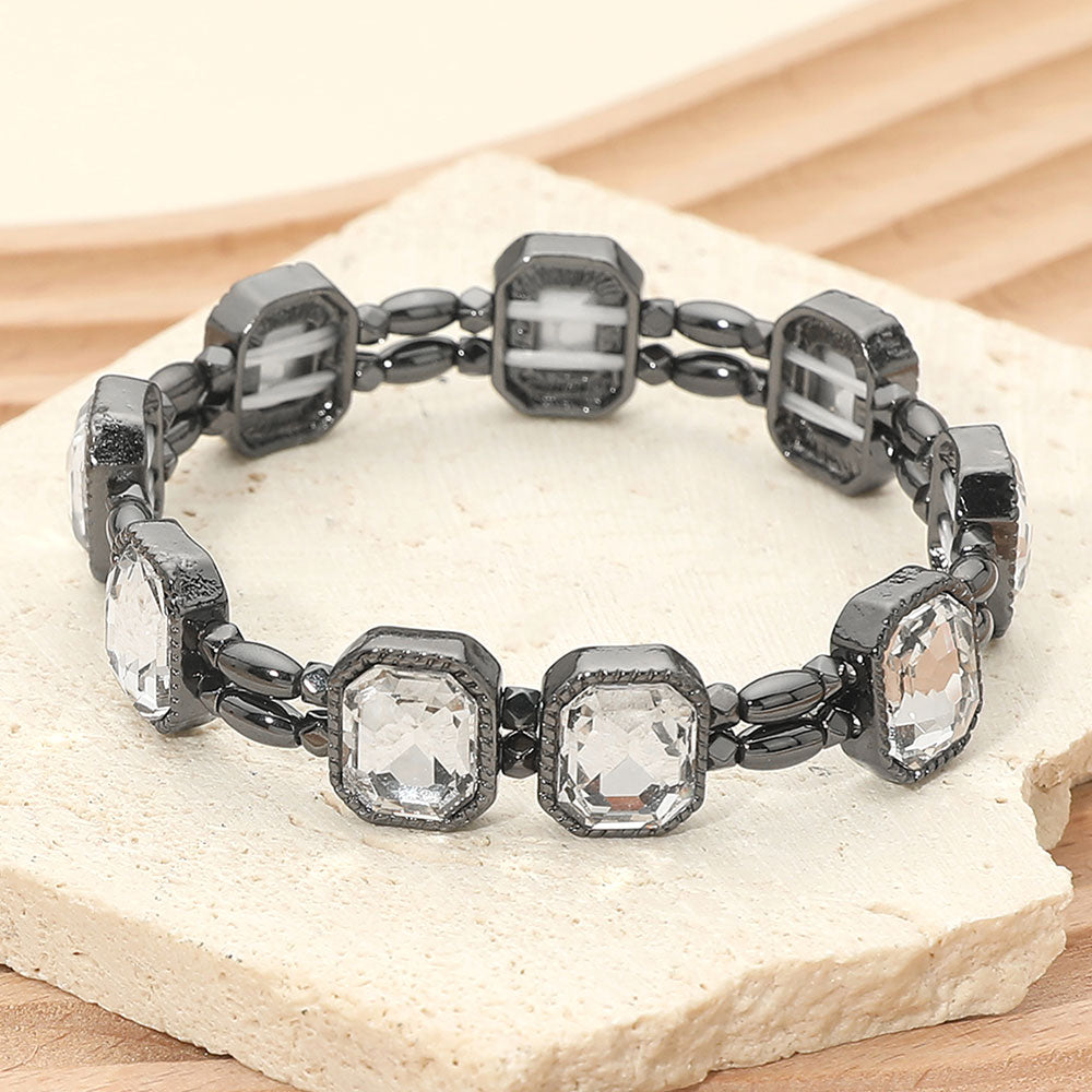 Madeline Love Clear, Hematite Emerald Cut Stone Cluster Beaded Stretch Bracelet