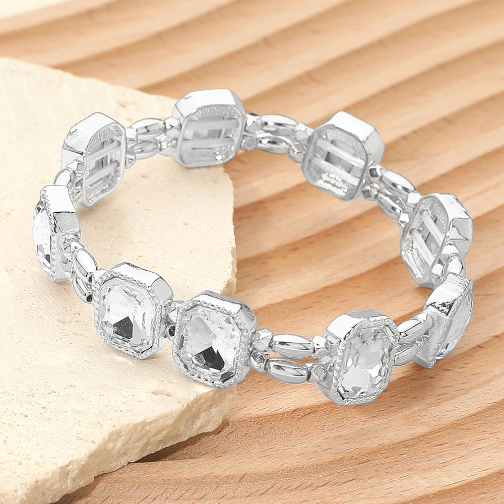Madeline Love Clear, Silver Emerald Cut Stone Cluster Beaded Stretch Bracelet