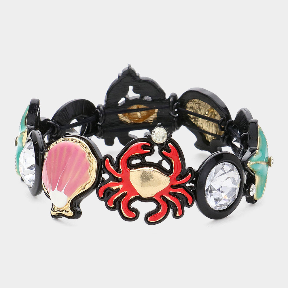 Gold, Multi Enamel Stone Pointed Crab Shell Starfish Link Stretch Bracelet