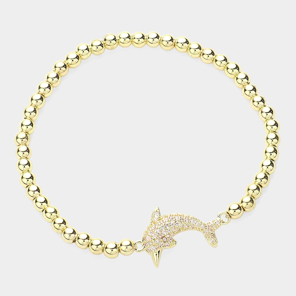 Gold CZ Stone Paved Dolphin Pointed Stainless Steel Ball Beaded Stretch Bracelet