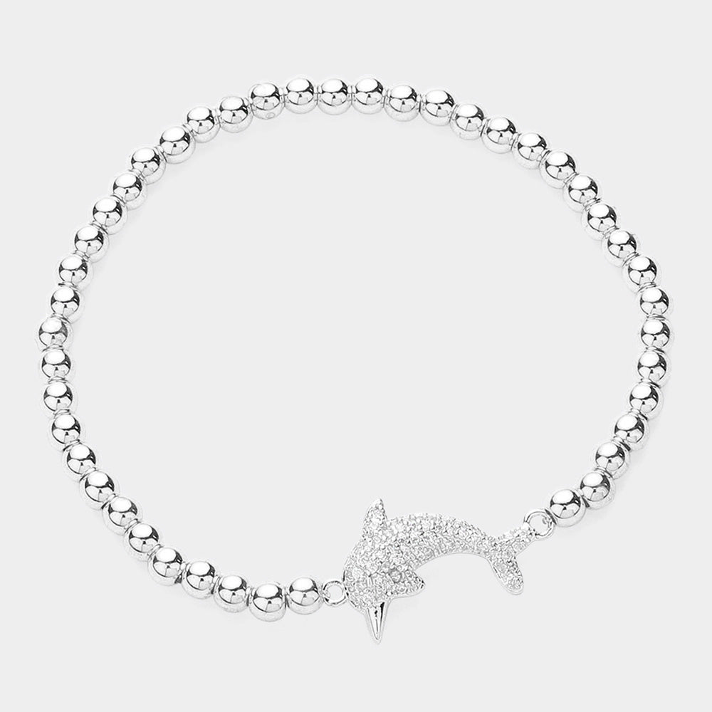 Silver CZ Stone Paved Dolphin Pointed Stainless Steel Ball Beaded Stretch Bracelet