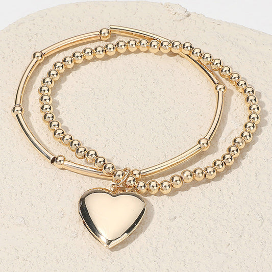 SECRET BOX_Puffy Heart Charm  Double Layered Metal Ball Beaded Stretch Bracelet