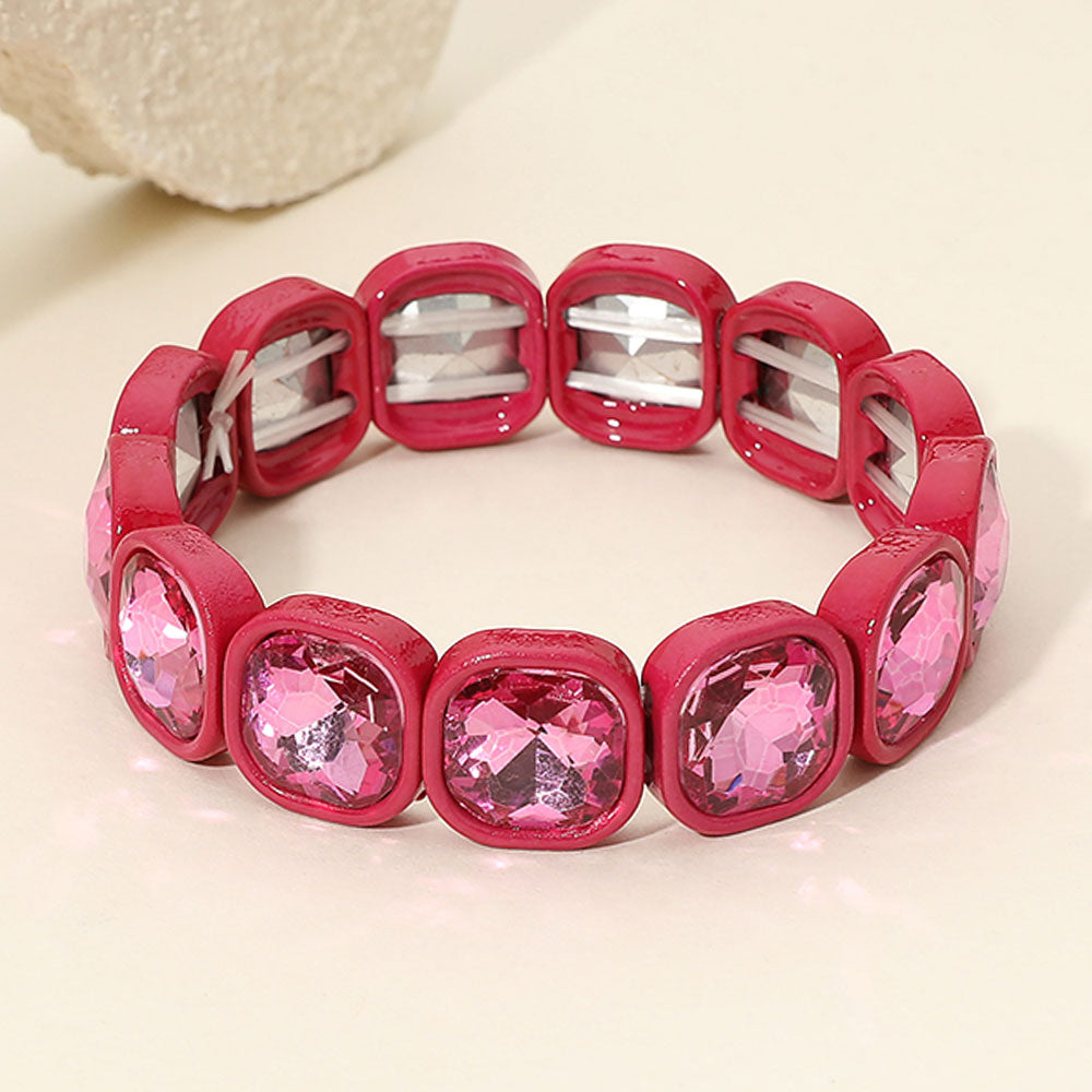 Madeline Love Fuchsia Faceted Cushion Gem Beaded Stretch Bracelet