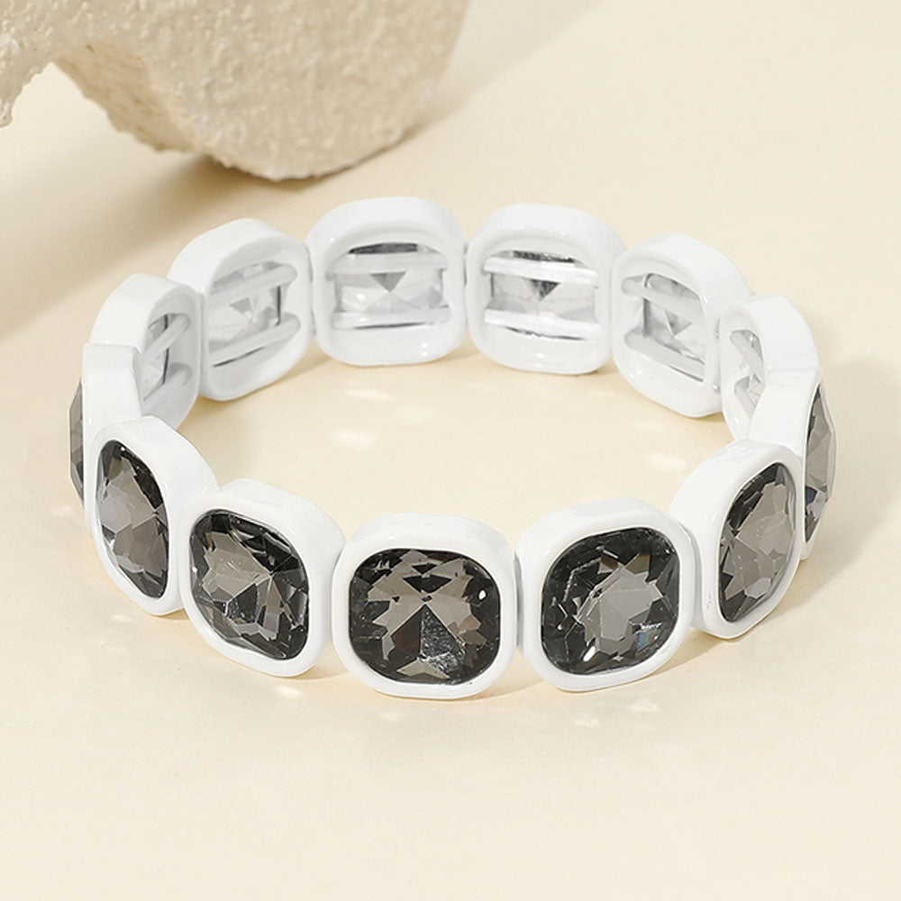Madeline Love White Faceted Cushion Gem Beaded Stretch Bracelet