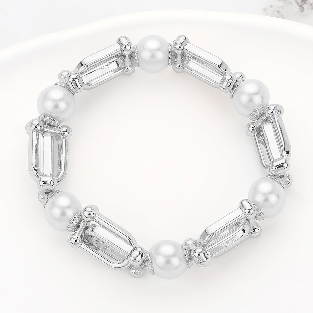 Madeline Love Rhodium Pearl Hardware Link Beaded Stretch Bracelet - Bracelets