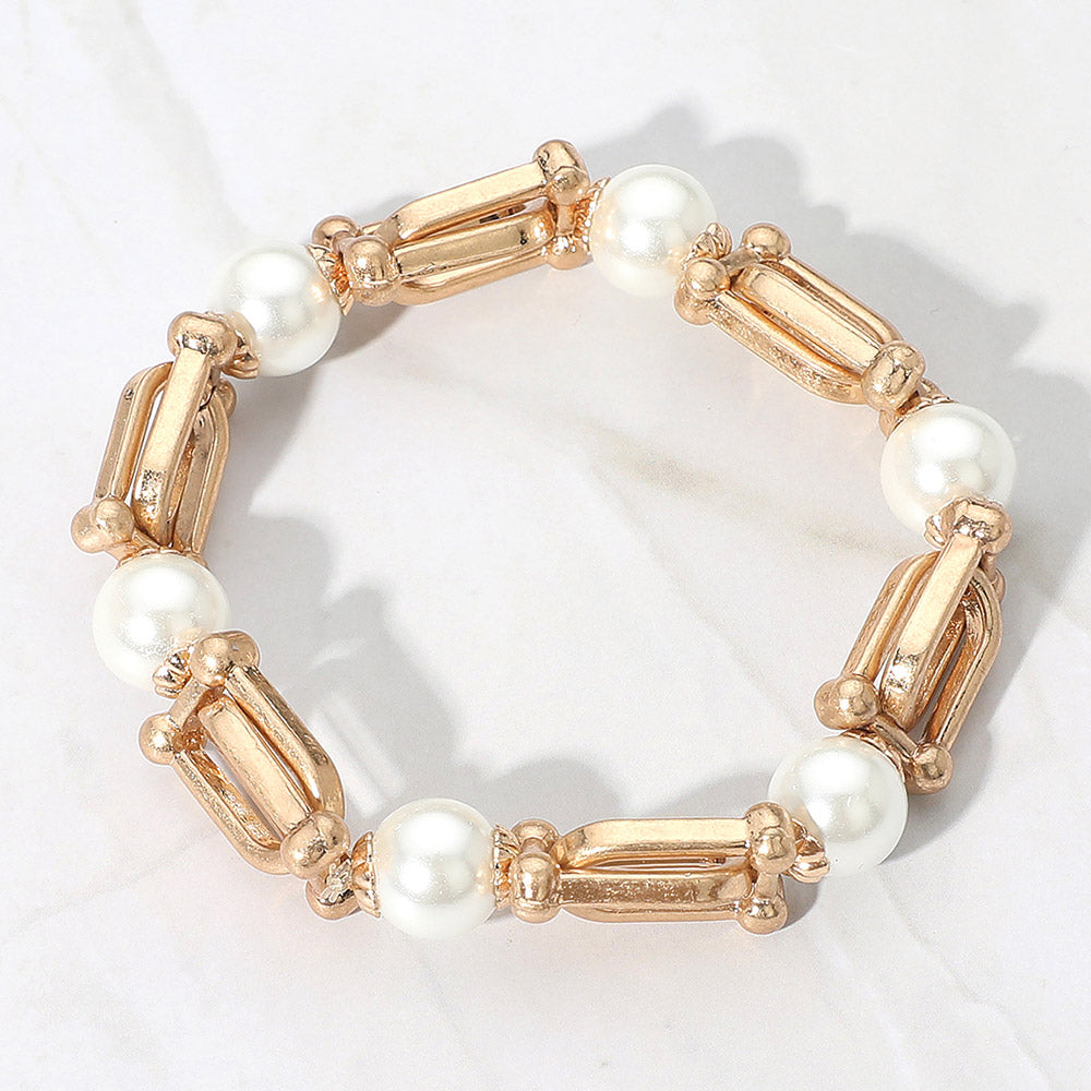 Madeline Love Cream, Worn Gold Pearl Hardware Link Beaded Stretch Bracelet