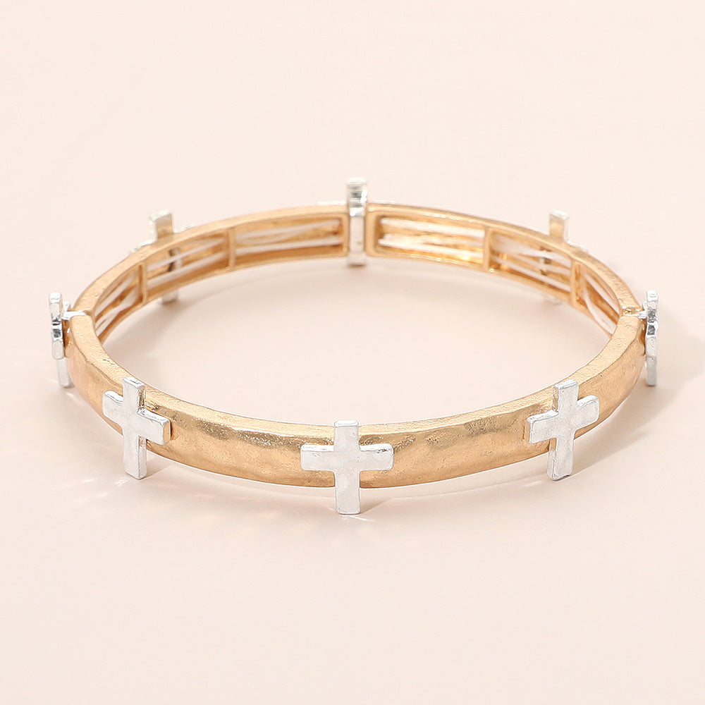 Madeline Love Two Tone, Worn Gold Hammered Brushed Metal Cross Accent Stretch Bracelet - Bracelets