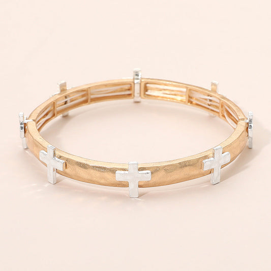Madeline Love Two Tone, Worn Gold Hammered Brushed Metal Cross Accent Stretch Bracelet - Bracelets