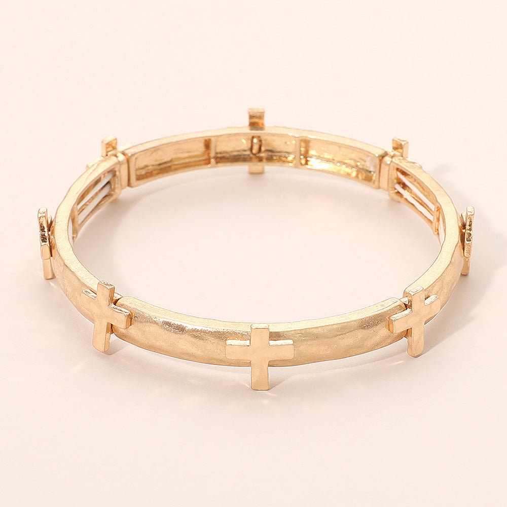 Madeline Love Worn Gold Hammered Brushed Metal Cross Accent Stretch Bracelet - Bracelets