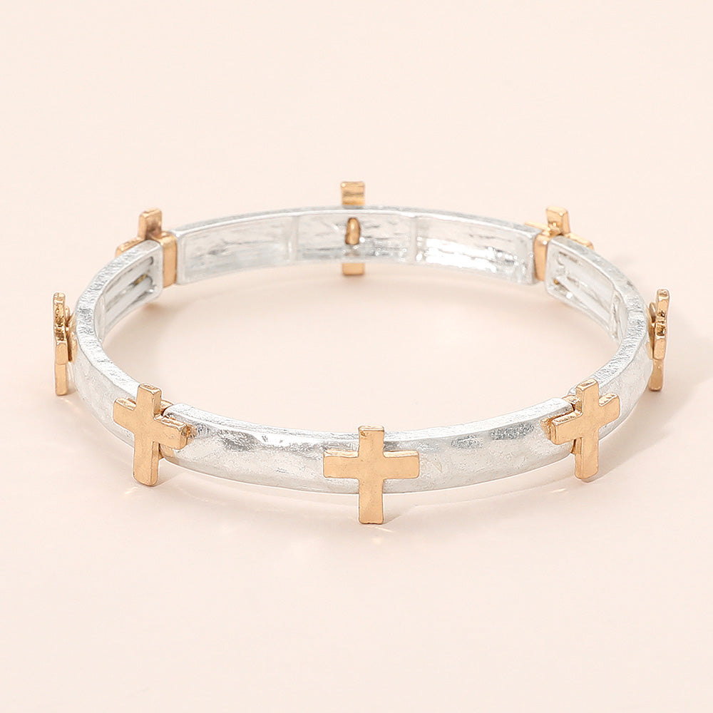 Madeline Love Two Tone, Worn Silver Hammered Brushed Metal Cross Accent Stretch Bracelet - Bracelets