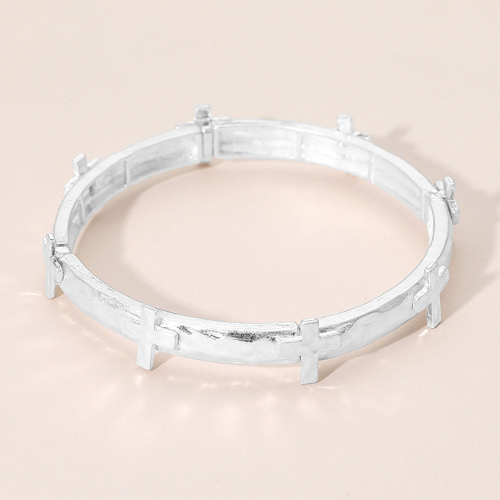 Madeline Love Worn Silver Hammered Brushed Metal Cross Accent Stretch Bracelet - Bracelets