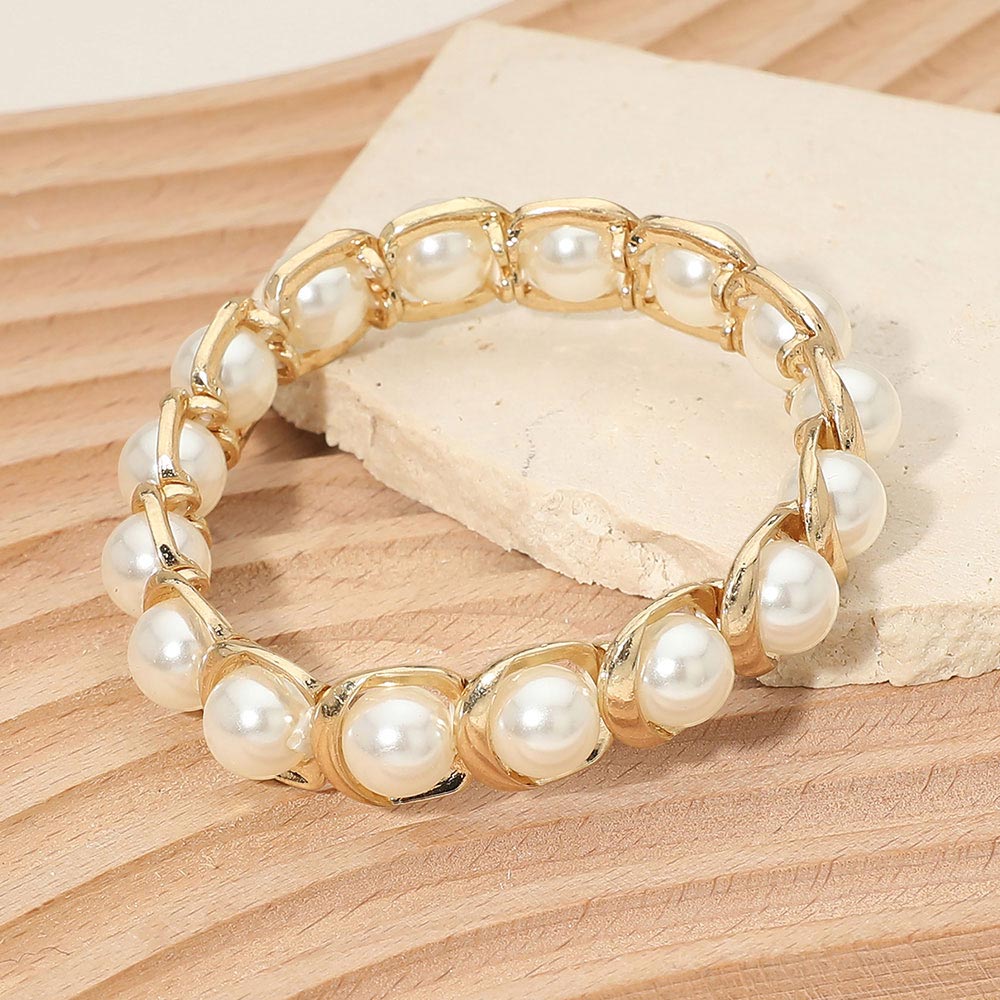 Madeline Love Cream, Worn Gold Pearl Beaded Stretch Bracelet