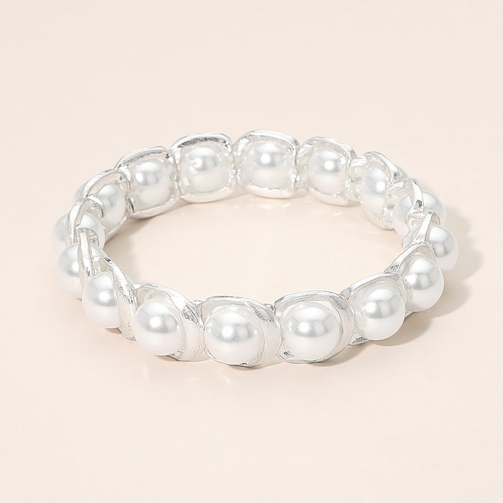 Madeline Love Cream, Worn Silver Pearl Beaded Stretch Bracelet