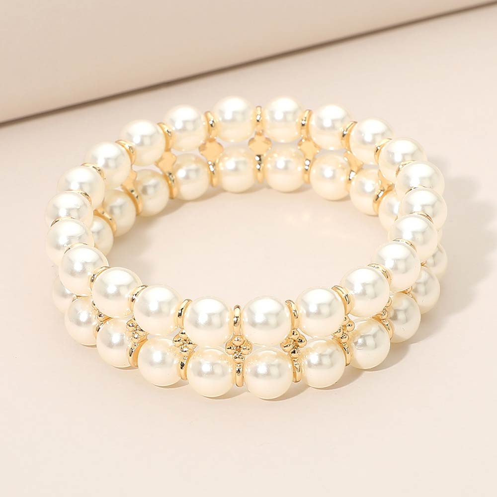 Madeline Love Cream, Gold Double Row Pearl Beaded Stretch Bracelet - Bracelets