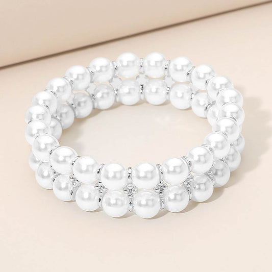 Madeline Love Rhodium, White Double Row Pearl Beaded Stretch Bracelet - Bracelets