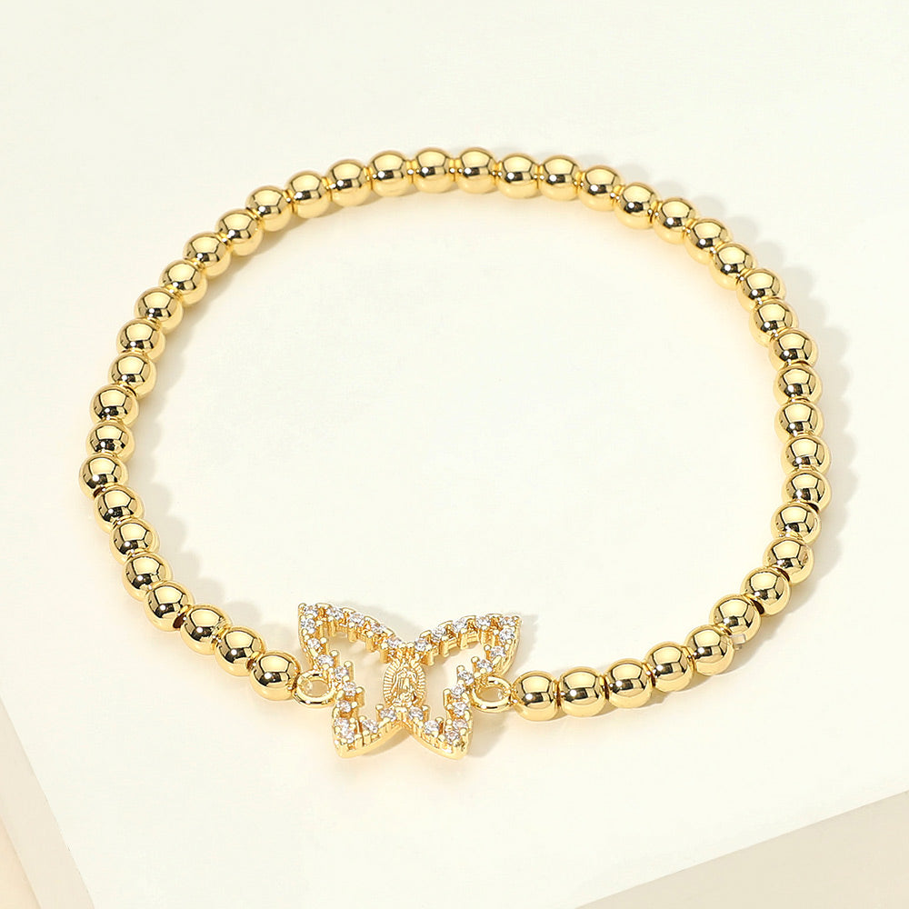 Madeline Love Gold Stainless Steel CZ Stone Paved Butterfly Charm Beaded Stretch Bracelet - Bracelets