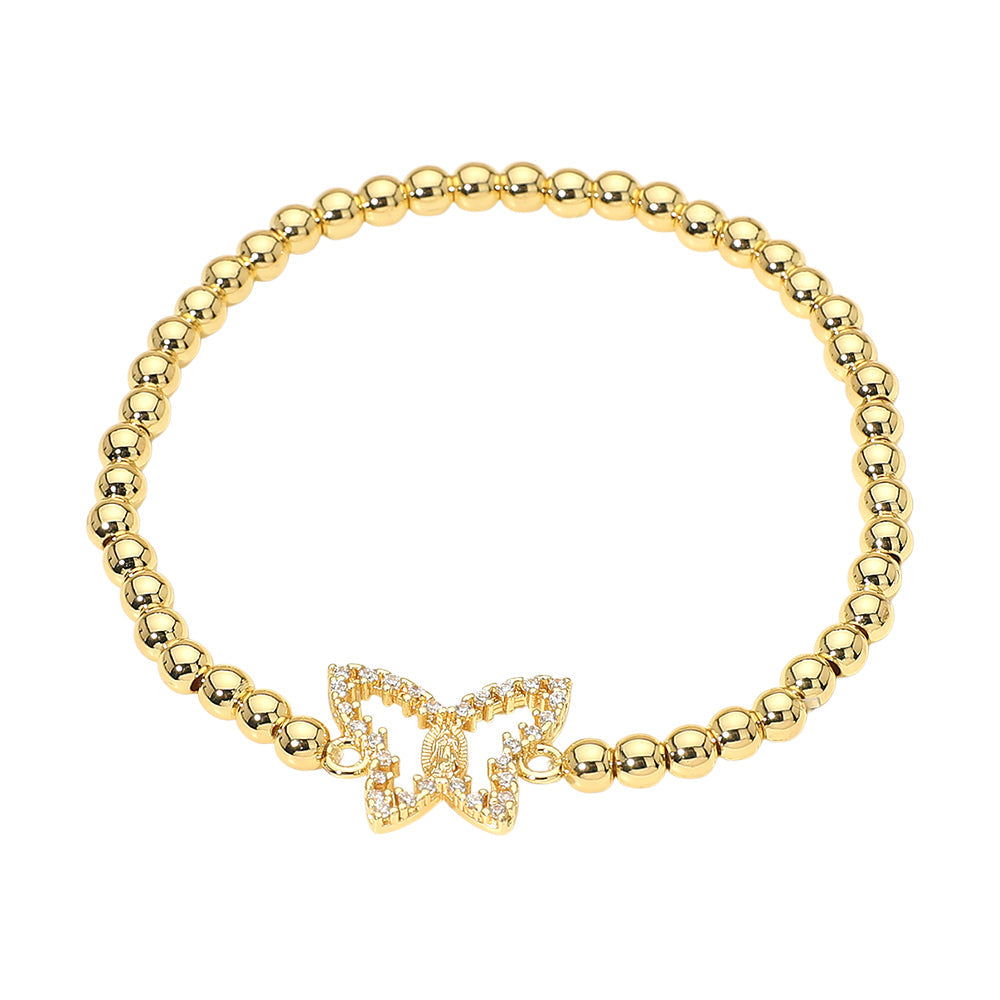Madeline Love Gold Stainless Steel CZ Stone Paved Butterfly Charm Beaded Stretch Bracelet - Bracelets - desc