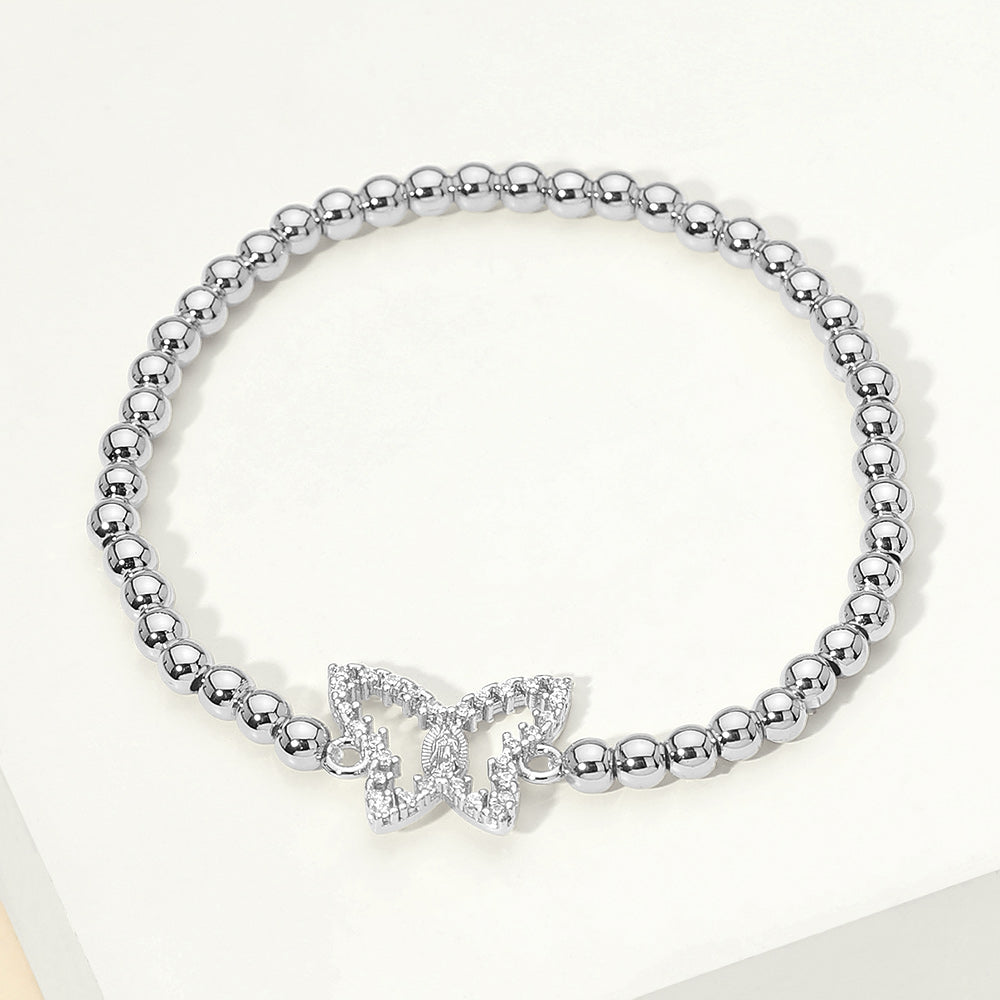 Madeline Love Silver Stainless Steel CZ Stone Paved Butterfly Charm Beaded Stretch Bracelet - Bracelets