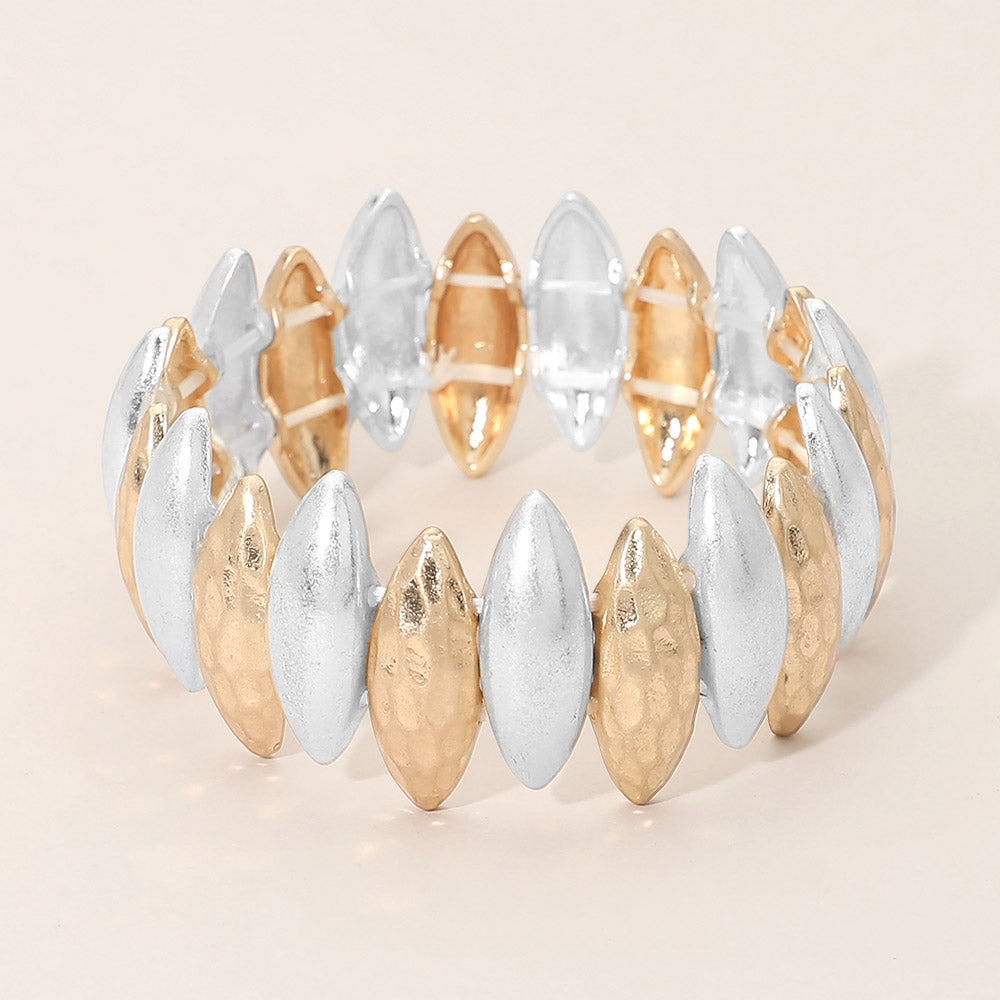 Madeline Love Worn Gold, Worn Silver Bold Hammered Metal Marquise Beaded Stretch Bracelet - Bracelets