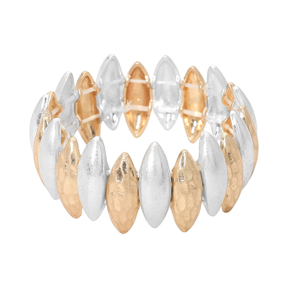 Madeline Love Worn Gold, Worn Silver Bold Hammered Metal Marquise Beaded Stretch Bracelet - Bracelets - desc