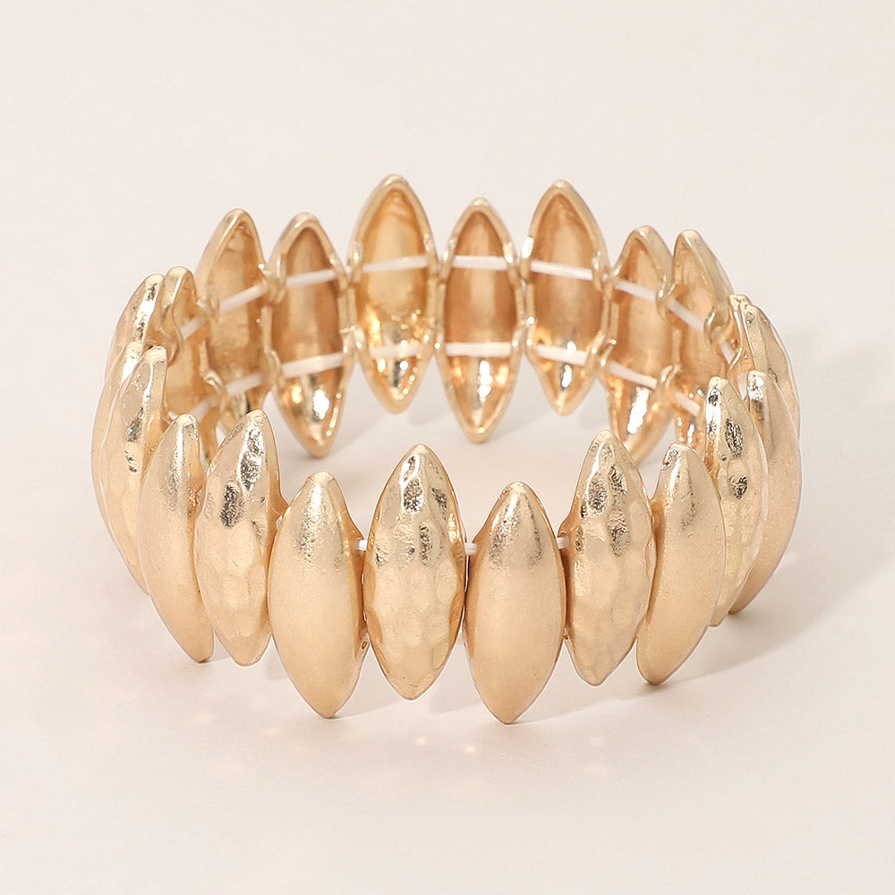Madeline Love Worn Gold Bold Hammered Metal Marquise Beaded Stretch Bracelet - Bracelets