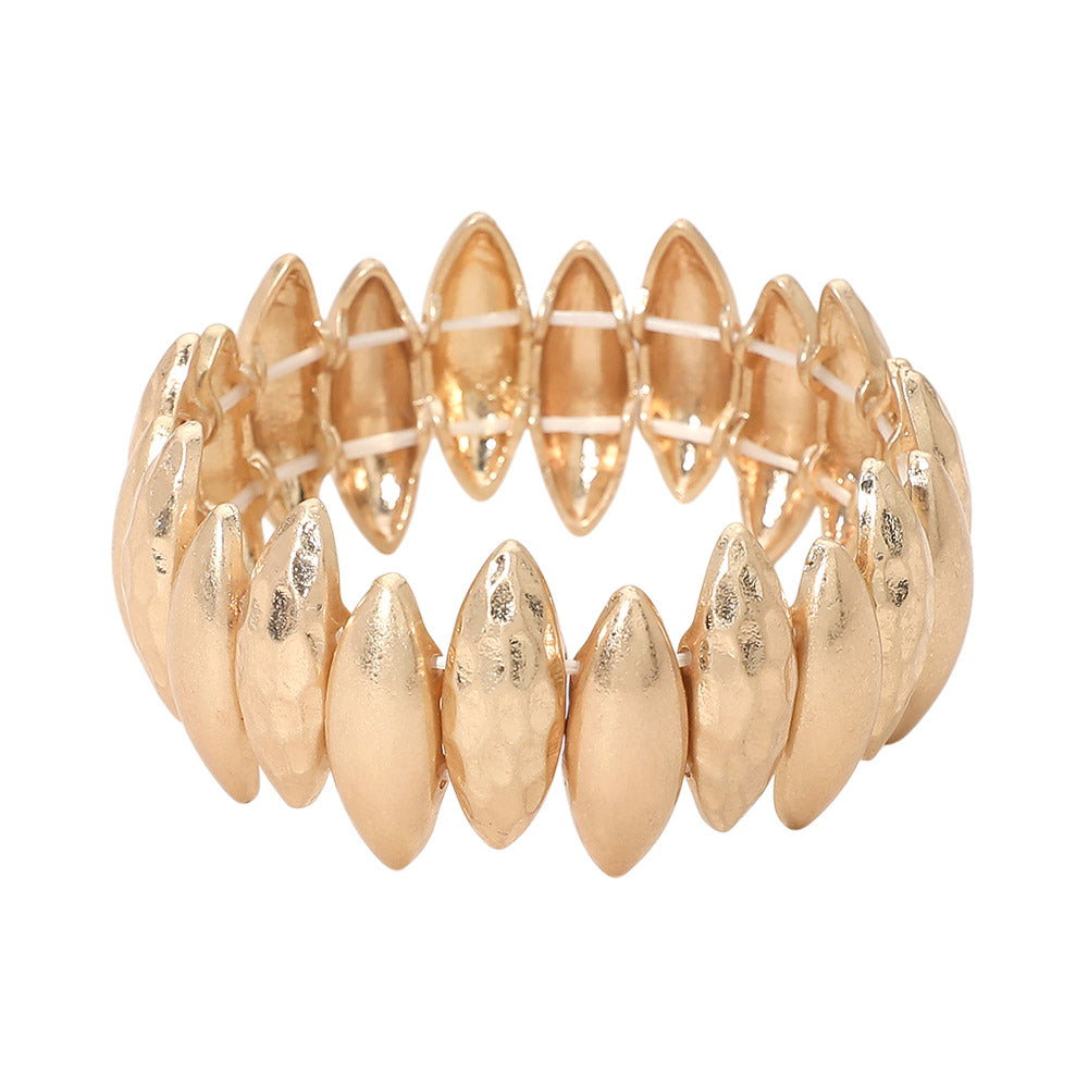 Madeline Love Worn Gold Bold Hammered Metal Marquise Beaded Stretch Bracelet - Bracelets - desc