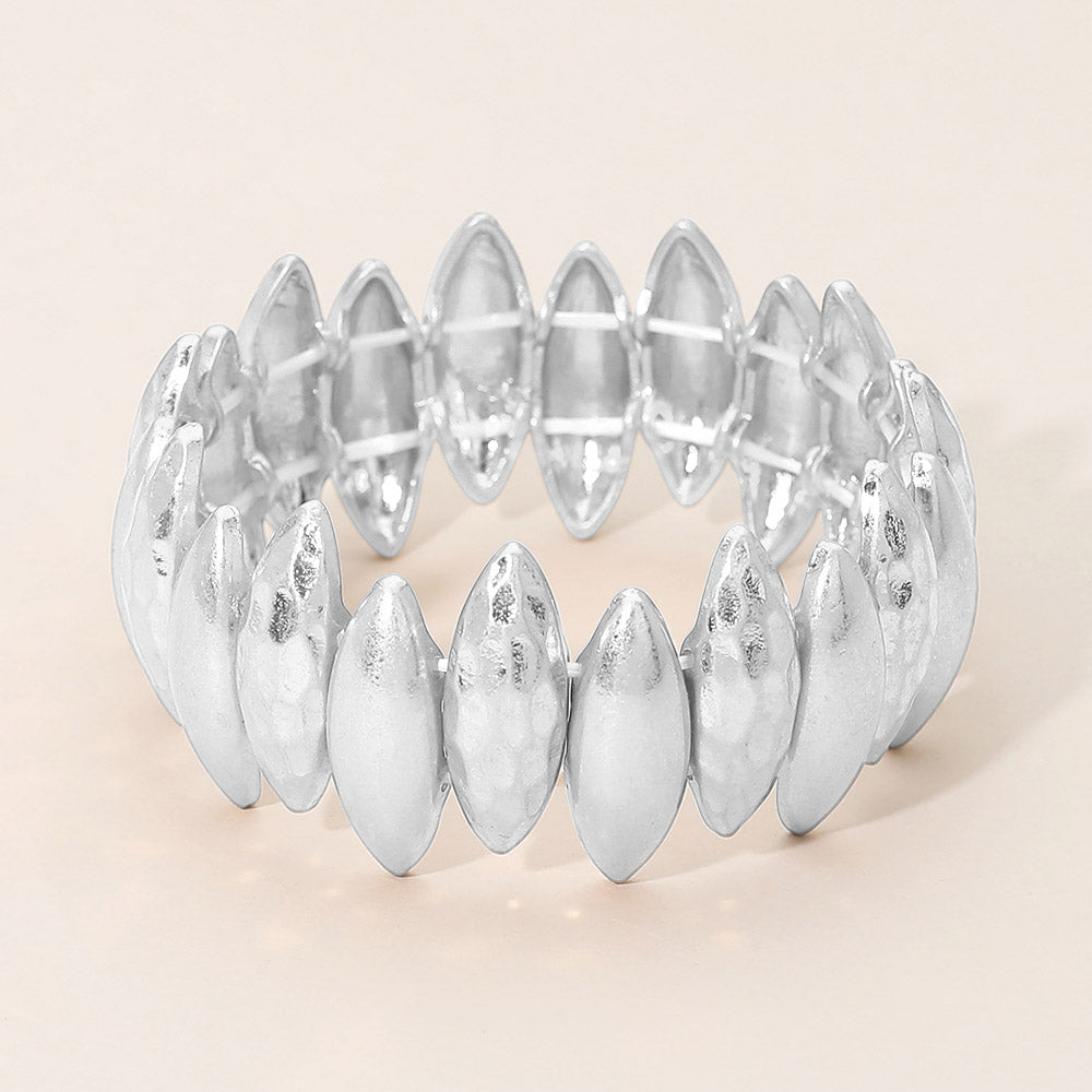 Madeline Love Worn Silver Bold Hammered Metal Marquise Beaded Stretch Bracelet - Bracelets