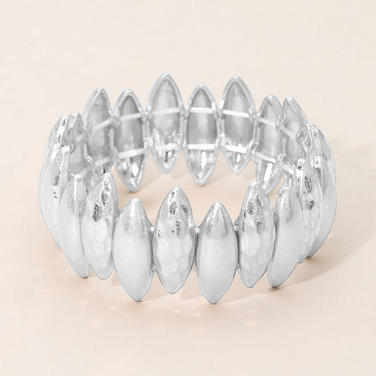 Madeline Love Worn Silver Bold Hammered Metal Marquise Beaded Stretch Bracelet - Bracelets