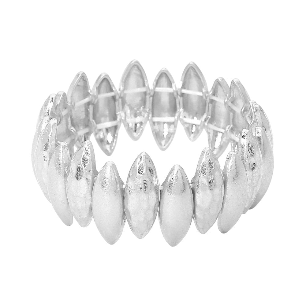 Madeline Love Worn Silver Bold Hammered Metal Marquise Beaded Stretch Bracelet - Bracelets - desc