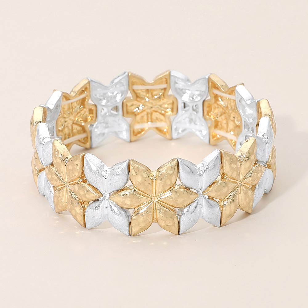 Madeline Love Worn Gold, Worn Silver Geometric Floral Metal Beaded Stretch Statement Bracelet - Bracelets