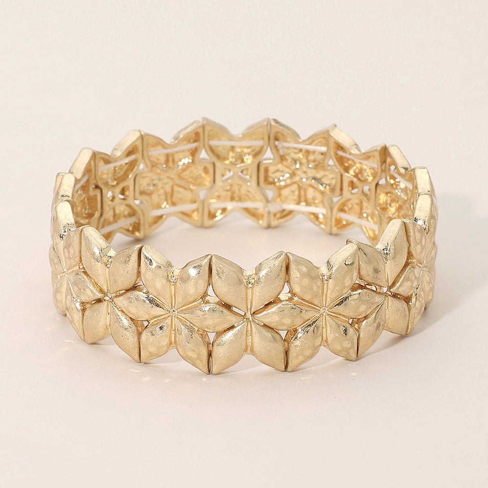 Madeline Love Worn Gold Geometric Floral Metal Beaded Stretch Statement Bracelet - Bracelets