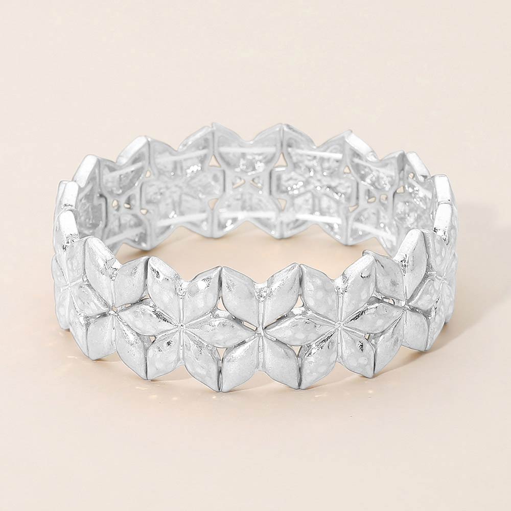 Madeline Love Worn Silver Geometric Floral Metal Beaded Stretch Statement Bracelet - Bracelets