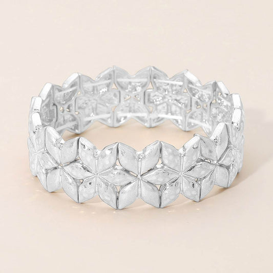 Madeline Love Worn Silver Geometric Floral Metal Beaded Stretch Statement Bracelet - Bracelets