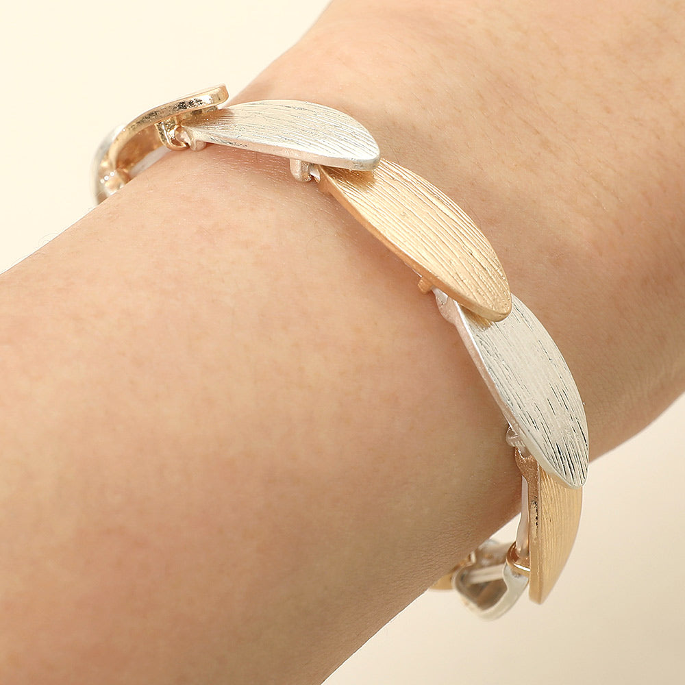 Madeline Love Worn Gold, Worn Silver Textured Metal Oval Overlapped Beaded Stretch Bracelet - Bracelets